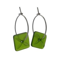 Glass Square Tapa Earrings Green-jewellery-The Vault