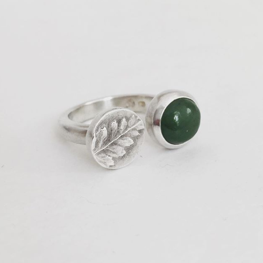 Pounamu & Fern Ring Silver