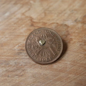 Copper One Penny Brooch w Brass Heart