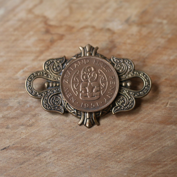 Large Crest Brooch Brass Half Penny