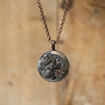 Small Silver Pendant w Copper Dragonfly
