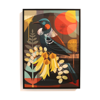 Tui and Kowhai Flowers Box Frame Black