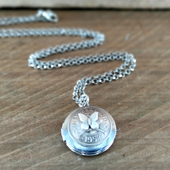 Silver Threepence Locket w Butterfly