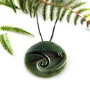 Pounamu Pendant Large Disc w Koru Detail