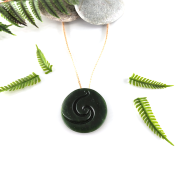 Pounamu Pendant Disc w Koru Detail