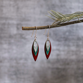 Three Leaf Earrings Silver Green Red