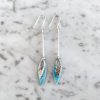 Long Double Leaf Earrings Silver Blue