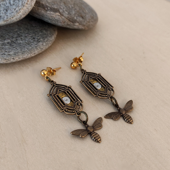 Window Earrings Bullet and Bee Brass