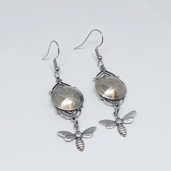 Art Deco Earrings Threepence Silver Bee