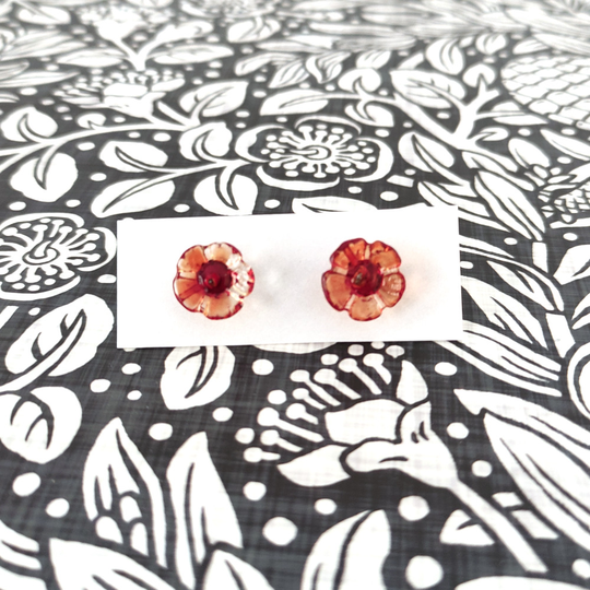 Glass Five Petal Flower Studs Flame Red