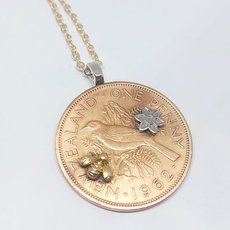 One Penny Pendant w Tiny Gold Bee and Silver Flower-jewellery-The Vault