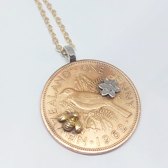 One Penny Pendant w Tiny Gold Bee and Silver Flower