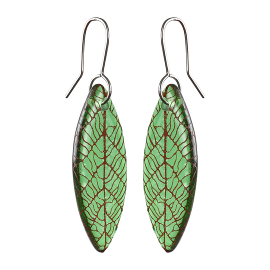 Glass Leaf Skeleton Earrings Green