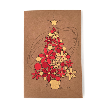 Handpainted Christmas Card Flower Tree Red