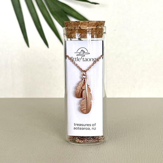 Double Huia Feather Necklace Rose Gold Plate