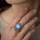 Vampire Bat Ring with Rainbow Moonstone