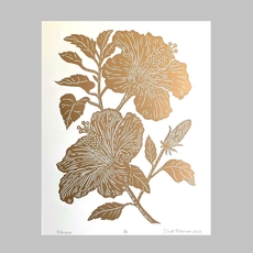 Hibiscus Gold Linocut Print 405mm x 505mm-artists-and-brands-The Vault