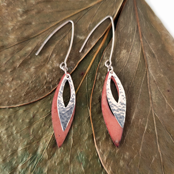 Double Abstract Leaf Earrings Silver Copper