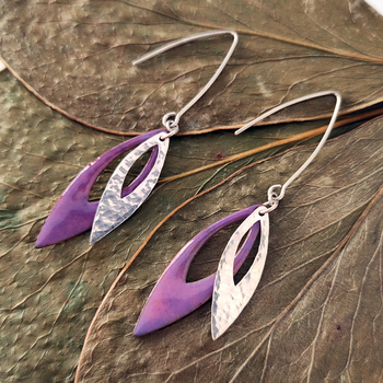 Double Abstract Leaf Earrings Silver Purple