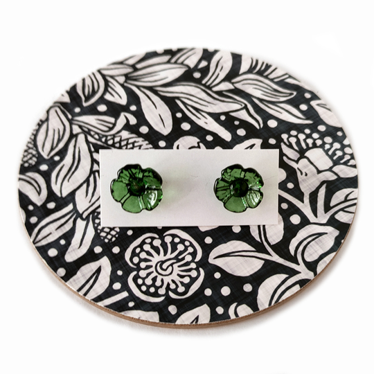 Glass Five Petal Flower Studs Sage Green