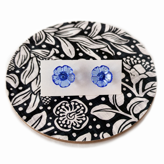 Glass Five Petal Flower Studs Mid Blue