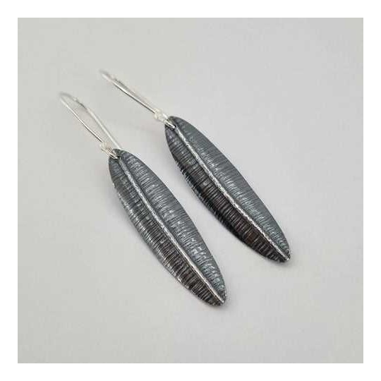 Large Silver Leaf Earrings Oxidised Finish