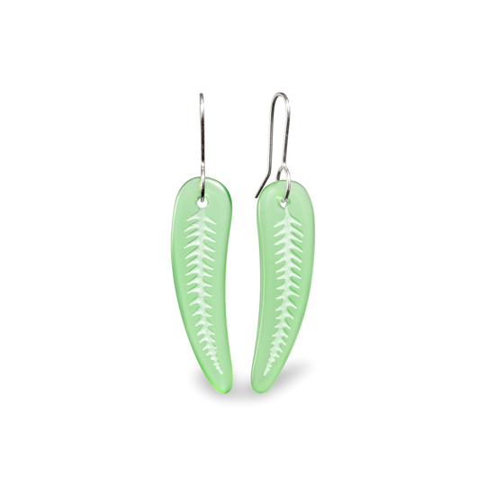 Small Glass Silver Fern Earrings Green