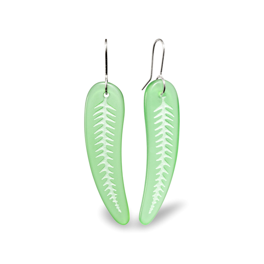 Large Glass Silver Fern Earrings Green