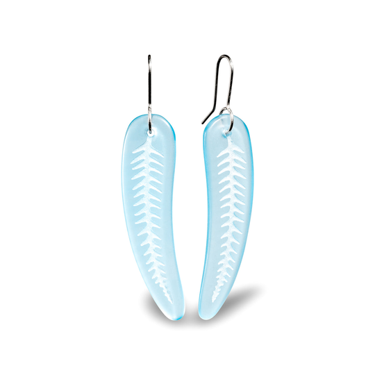 Large Glass Silver Fern Earrings Light Blue