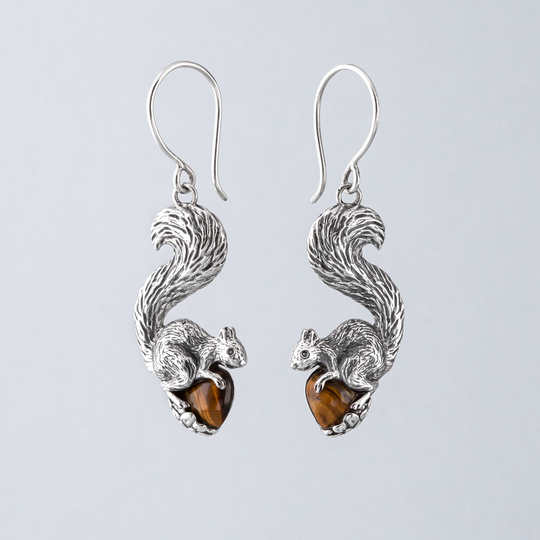 Tigers Eye Squirrel Earrings Silver
