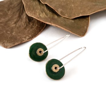 Long Disc Dangle Earrings Brass Patina Green-jewellery-The Vault