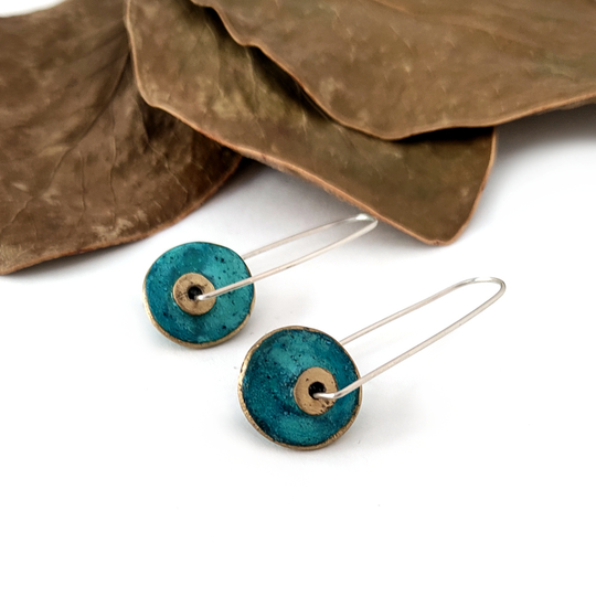 Long Disc Dangle Earrings Brass Patina Turquoise