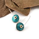Long Disc Dangle Earrings Brass Patina Turquoise