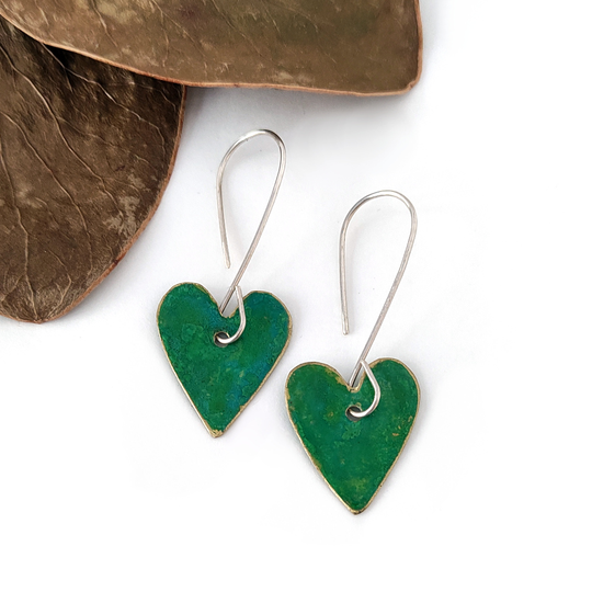 Heart Dangle Earrings Brass Patina Green