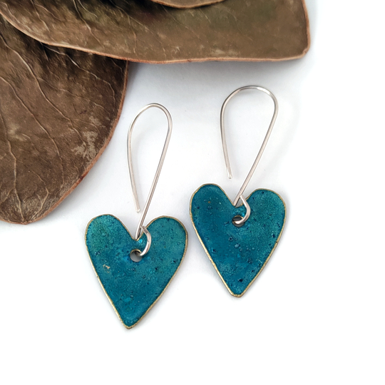 Heart Dangle Earrings Brass Patina Turquoise