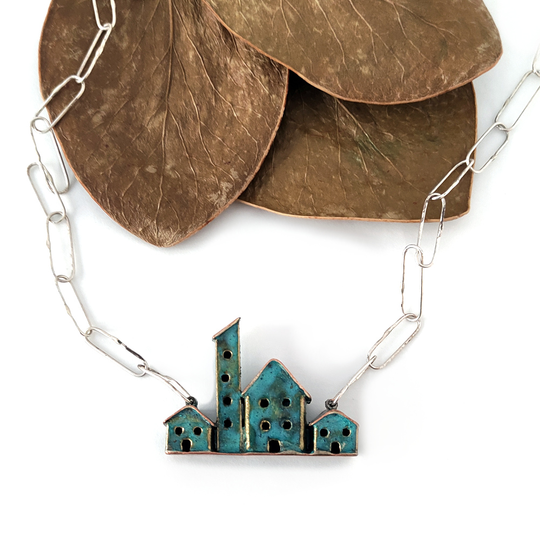 House Necklace Brass Copper Patina