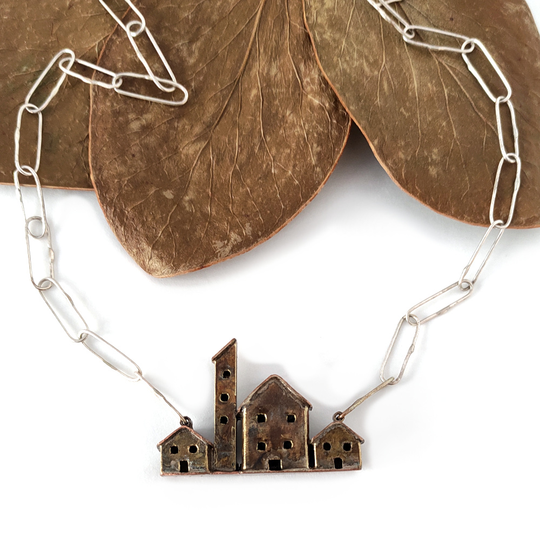 House Necklace Brass Copper Patina