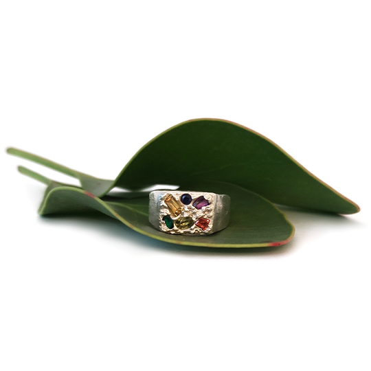 Insignia Square Ring Silver Synthetic Sapphires Multi