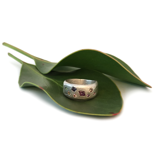 Cigar Ring Silver Synthetic Sapphires Multi