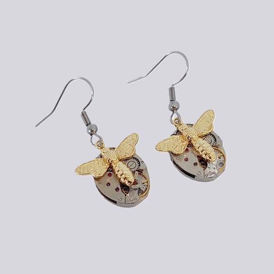 Steampunk Earrings with Golden Bees
