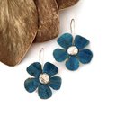 Large Flower Earrings Brass Patina Light Blue