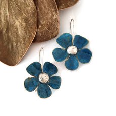 Large Flower Earrings Brass Patina Light Blue-jewellery-The Vault