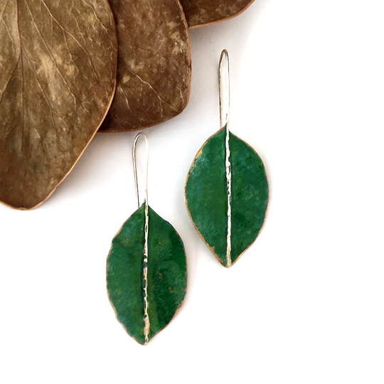 Leaf Earrings Brass Patina Green