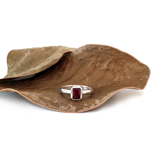 Garnet Emerald Cut Silver Ring