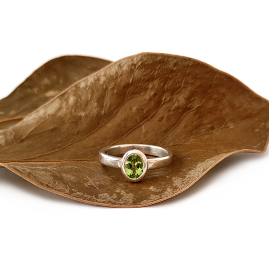 Peridot Oval Ring Silver Wide Band