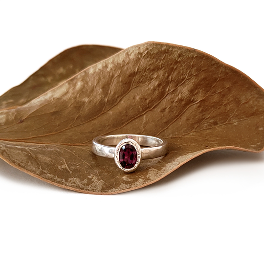Garnet Oval Ring Silver Wide Band