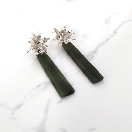 Cabbage Tree Earrings with Greenstone