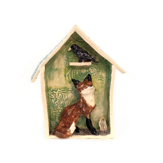 Hanging Fox House with Raven Sculpture