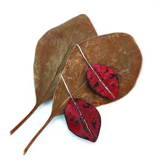 Leaf Earrings Copper Patina Red