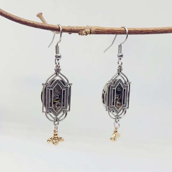 Art Deco Window Earrings with Tiny Gold Bee